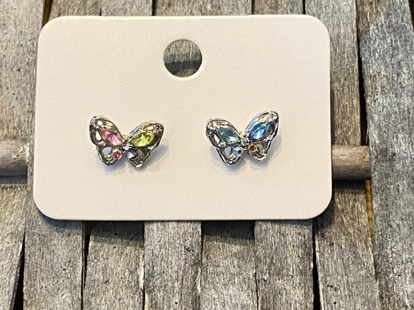 Sparkly Silver Butterfly Shaped Studs With Coloured Stones