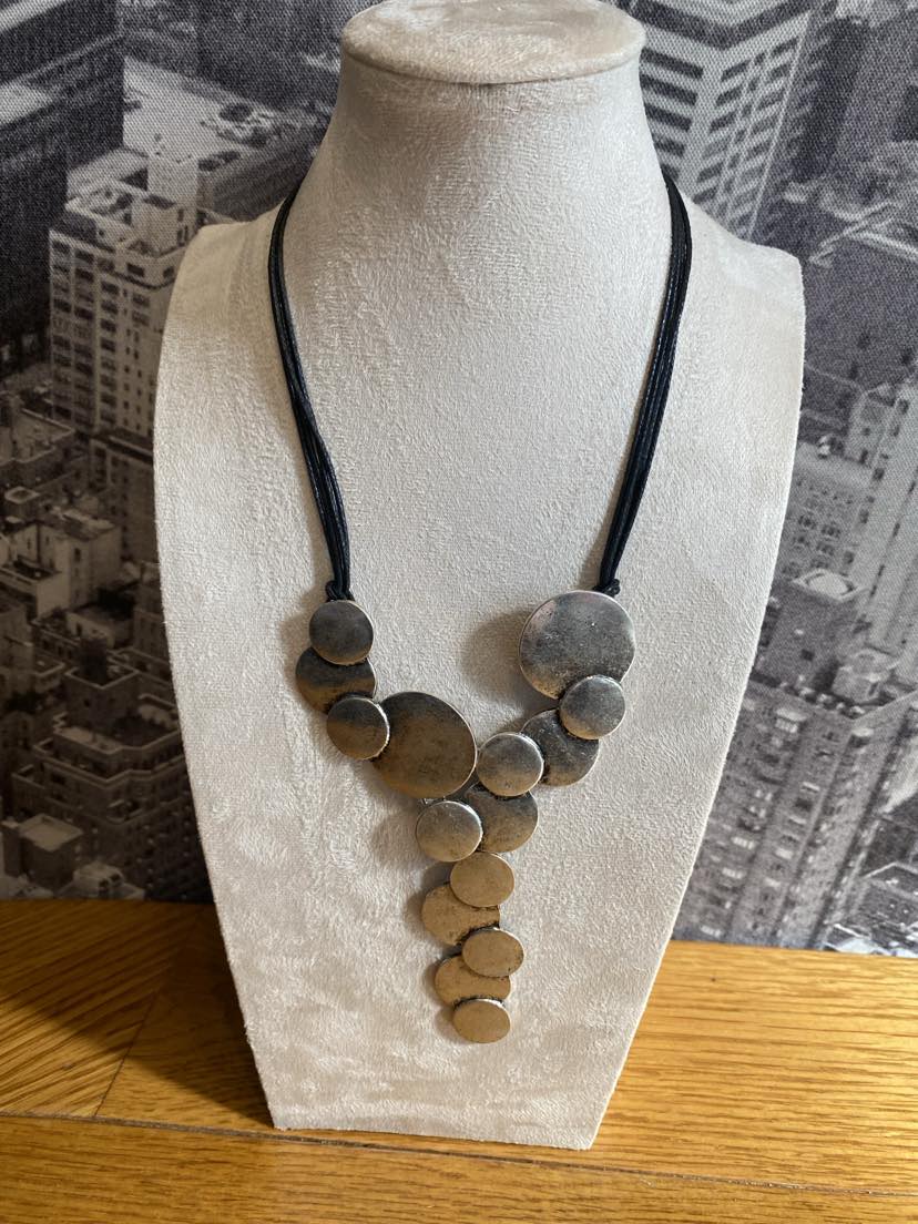 Silver Irregular Pattern Disc Necklace With Leather Effect Cord