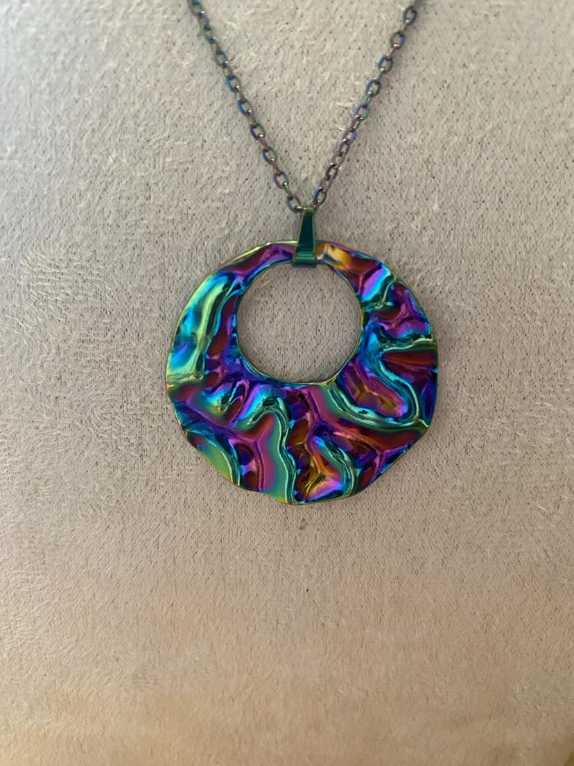 Rainbow Coloured Geometric Round Pendant On A Rainbow Effect Chain