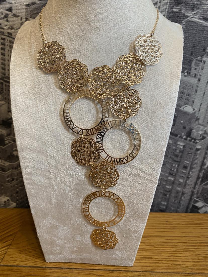 Boho Exaggerated Flower Design Multi Disc Drop Gold Coloured Necklace