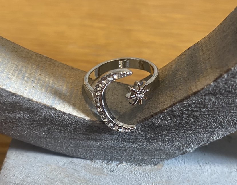 Sparkly Silver Coloured Adjustable Moon and Star Ring