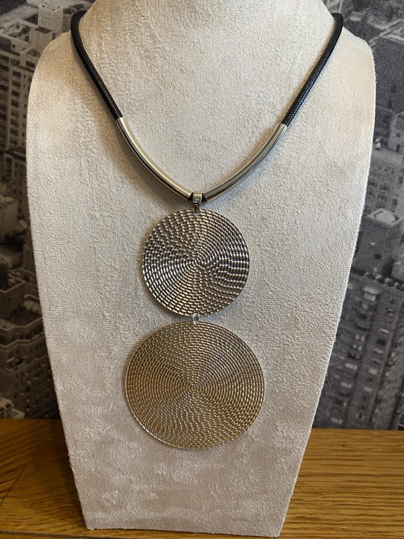 Stunning Double Disc Necklace On A Leather Look Cord