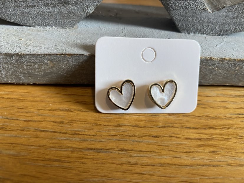 Golden Coloured Heart Shaped Studs With A White Resin Inlay