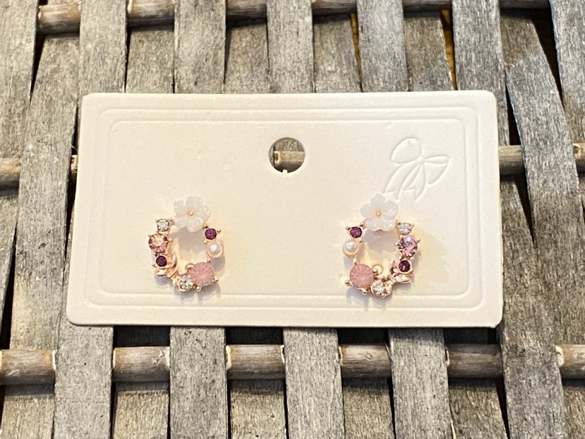 Elegant Round Stud Type Earrings Inlaid with Faux Pearl Flower And Pink Coloured Stones
