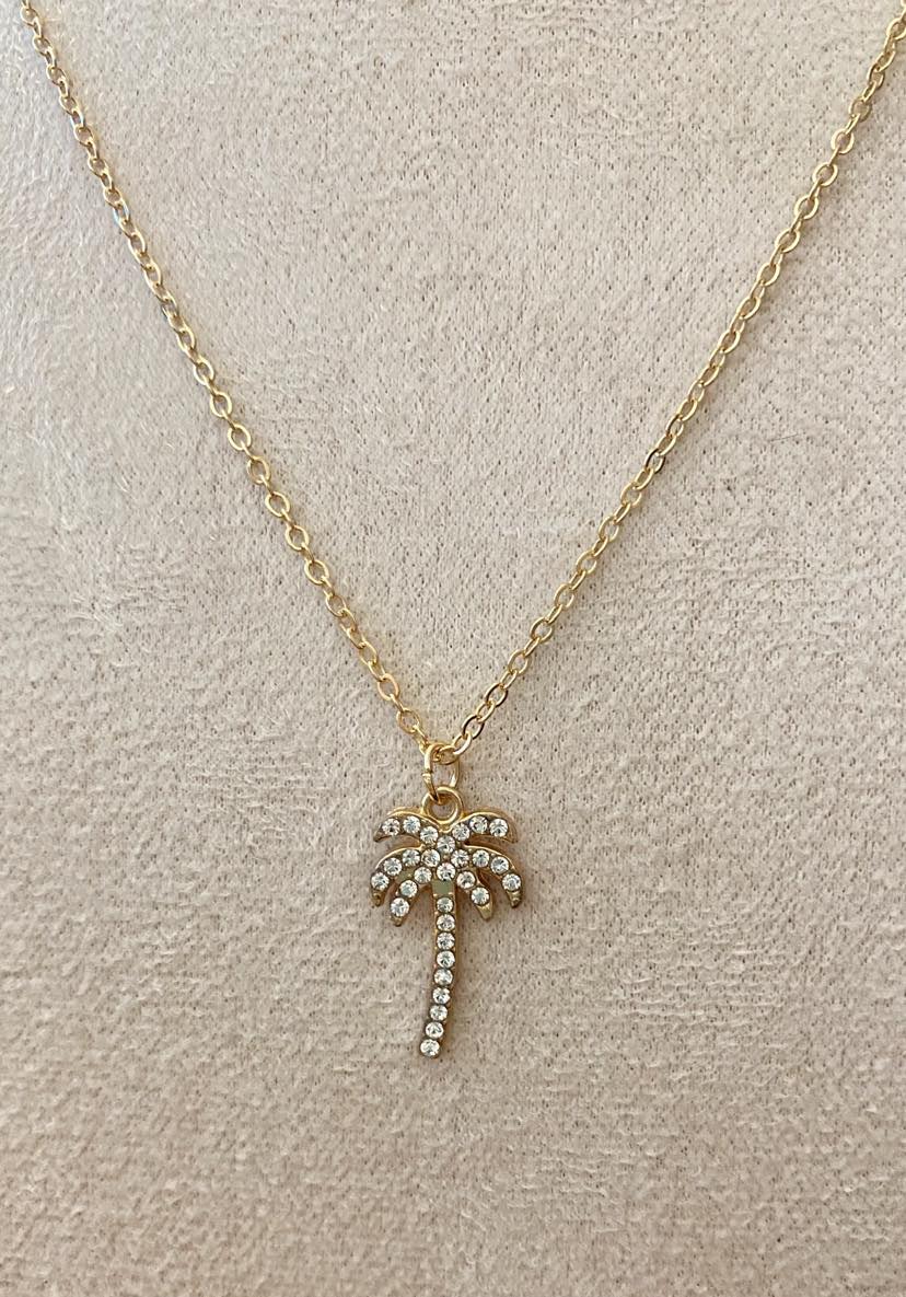 Simple Yellow Gold Coloured Palm Tree Pendant Inlaid With Sparkly Ornamental Gems