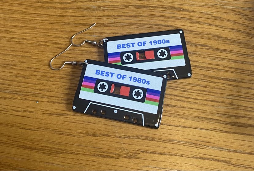 Vintage Style 1980's Acrylic Double Side Printed Cassette Tape Drop Earrings