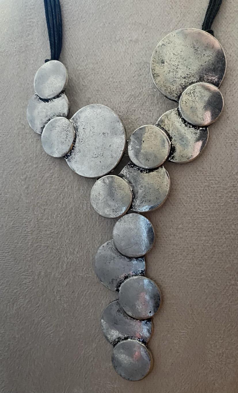 Silver Irregular Pattern Disc Necklace With Leather Effect Cord