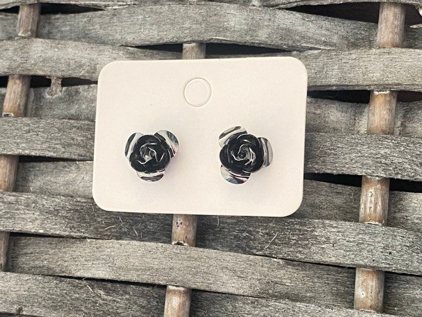 Black And Silver Rose Studs
