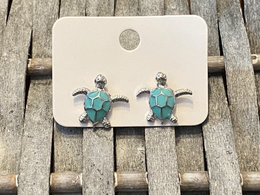Cute Turtle Shaped Studs In A Silver Coloured Alloy With Green Opal Type Stones