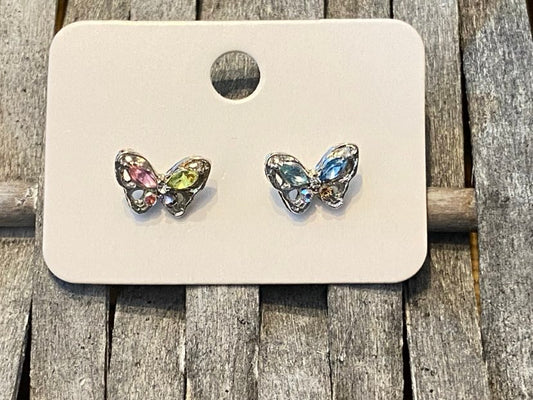 Sparkly Silver Butterfly Shaped Studs With Coloured Stones