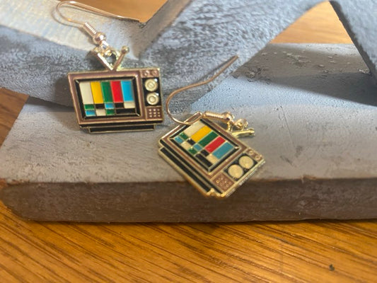 Vintage Zinc Alloy Drop Earrings In The Style Of A Retro TV/Testcard