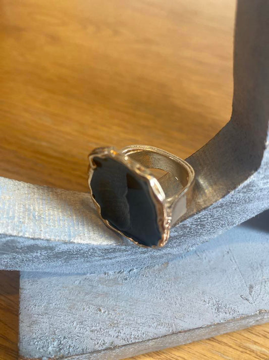 Eye-catching Statement Gold Coloured Ring With A Black Stone