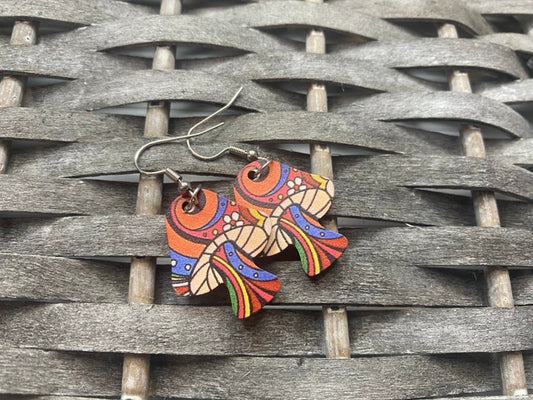 Double Side Printed Mushroom Shaped Wooden Earrings