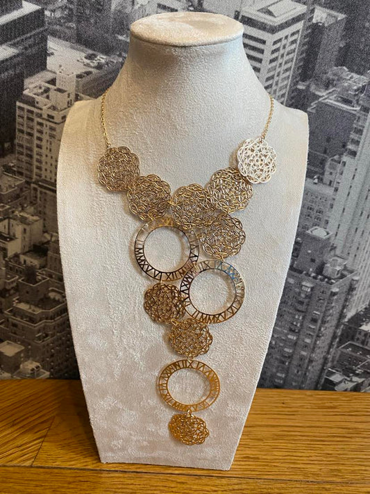 Boho Exaggerated Flower Design Multi Disc Drop Gold Coloured Necklace