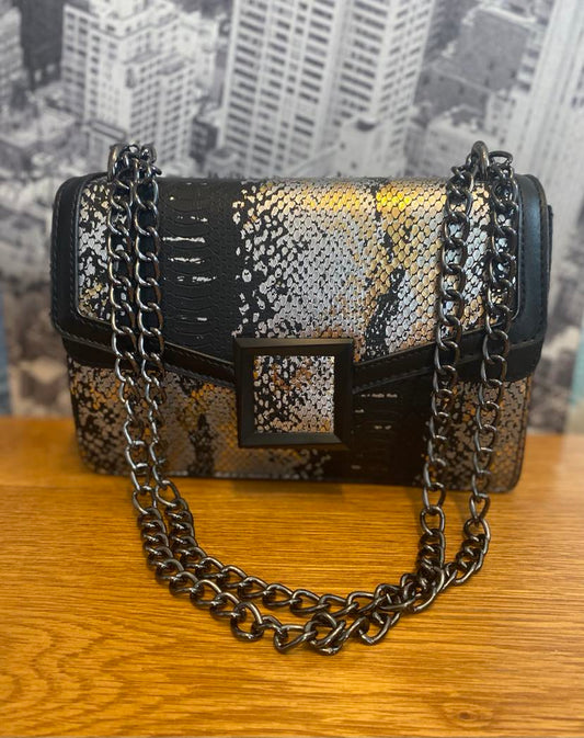 Elegant Retro Snakeskin Effect Square Bag With Chain Handle