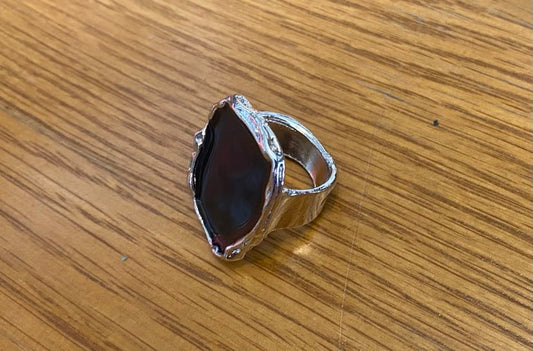 Statement Black Coloured Stone Set Into Silver Coloured Ring
