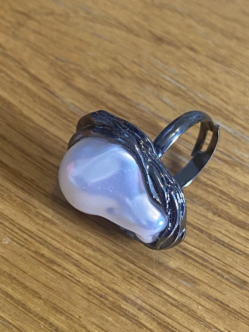 Silver And Black Ring With A Pearl Effect Stone