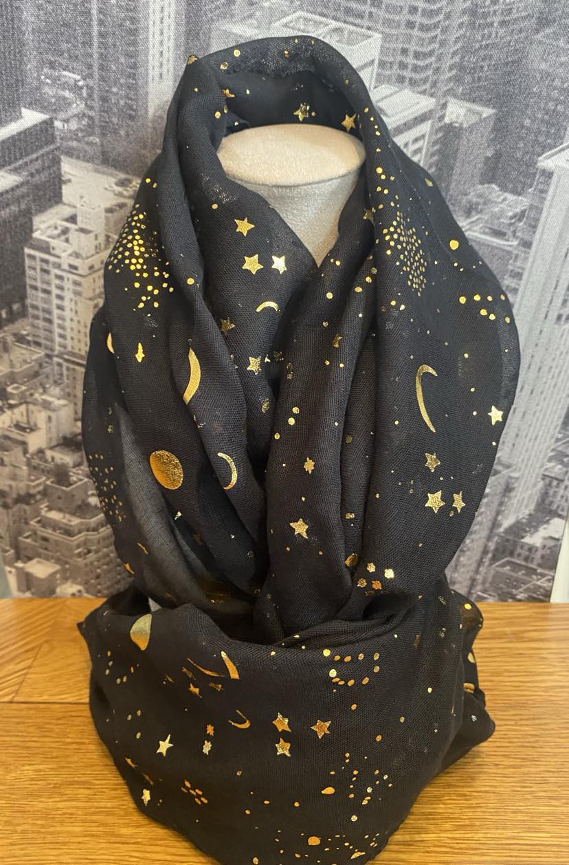 Stunning Black And Gold Scarf With Moons And Stars