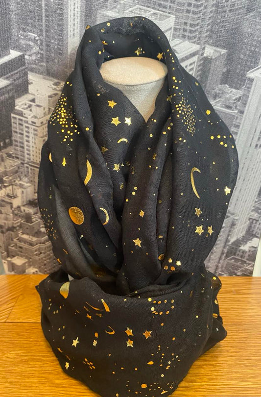 Stunning Black And Gold Scarf With Moons And Stars