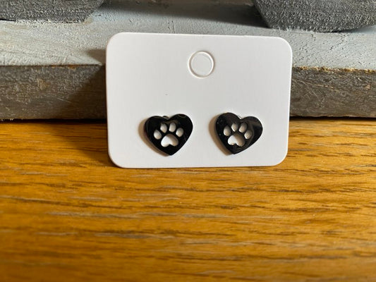 Heart Shaped Studs with A Paw Print In A Silver Colour