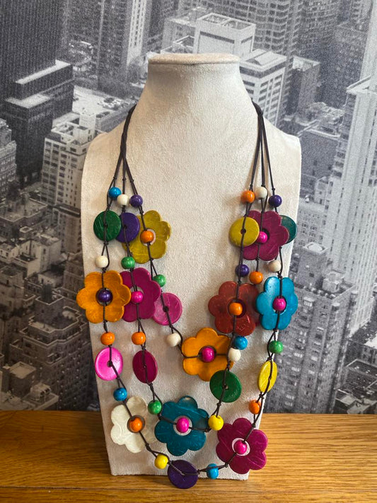 3 Tier Multicoloured Wooden Flowers Handmade Necklace