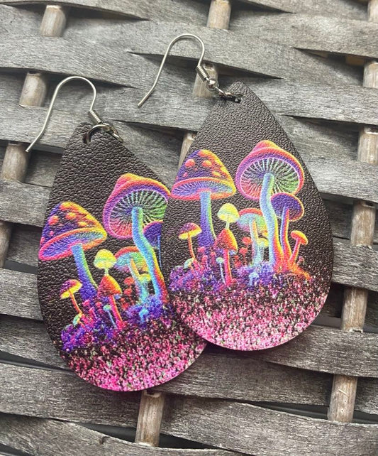 Faux Leather Glow In The Dark Mushroom Drop Earrings