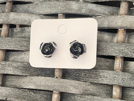 Black And Silver Rose Studs