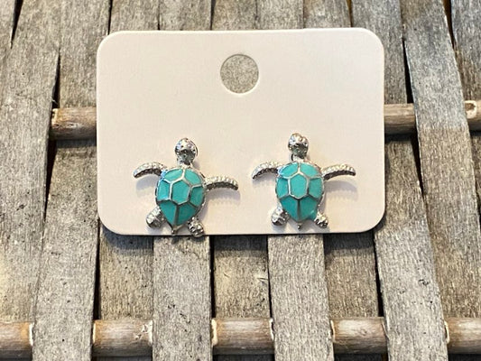 Cute Turtle Shaped Studs In A Silver Coloured Alloy With Green Opal Type Stones